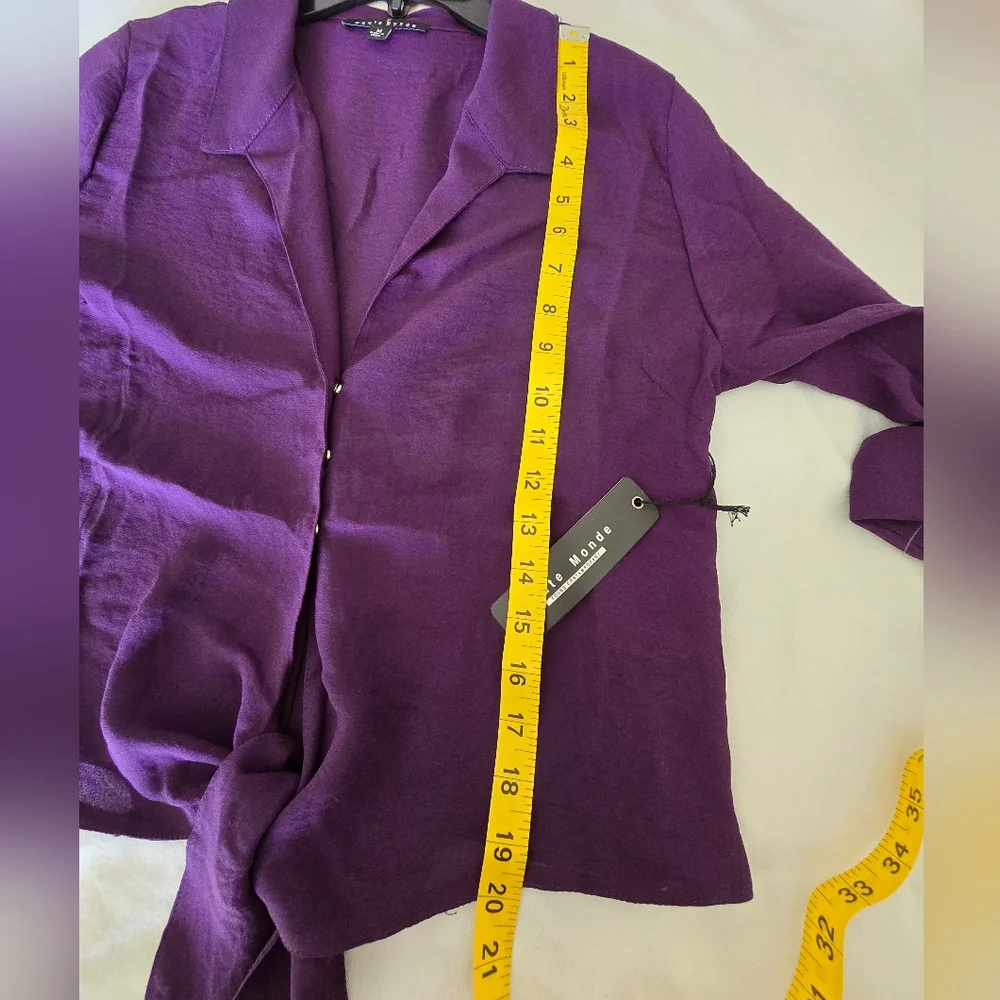 NWT Haute Monde Purple Tie Front Blouse M Collared Lightweight Drapey Chic Top - Picture 5 of 10